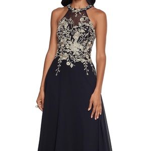 Betsy & Adam Halter Chiffon Gown. Black with gold embroidery. Fully lined.